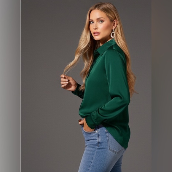 Satin Button Front Long Sleeve Blouse Emerald Green - Picture 2 of 7